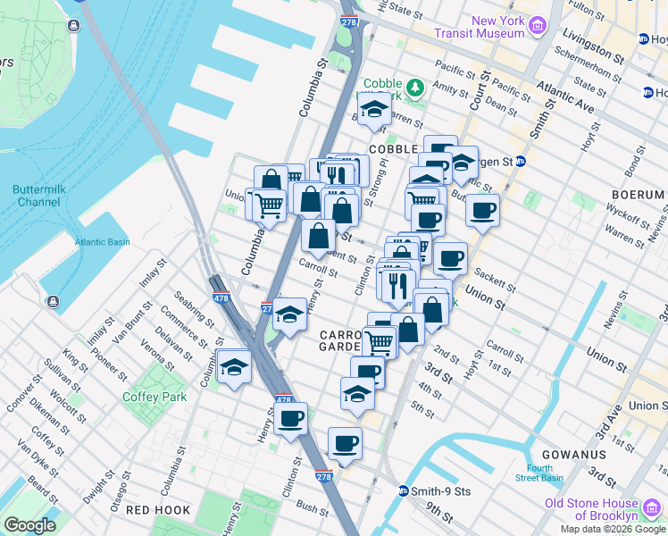 map of restaurants, bars, coffee shops, grocery stores, and more near 166 Carroll Street in Brooklyn