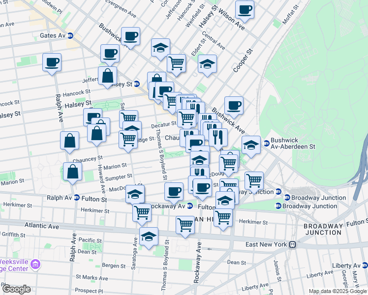 map of restaurants, bars, coffee shops, grocery stores, and more near 494 Chauncey Street in Brooklyn