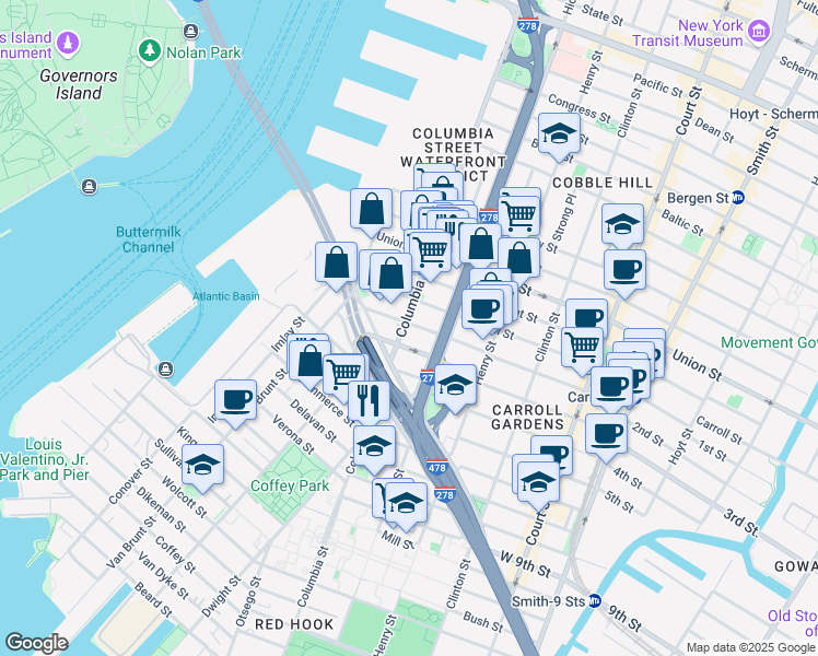 map of restaurants, bars, coffee shops, grocery stores, and more near 287 Columbia Street in Brooklyn