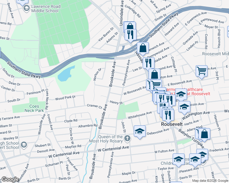map of restaurants, bars, coffee shops, grocery stores, and more near 123 West Roosevelt Avenue in Roosevelt