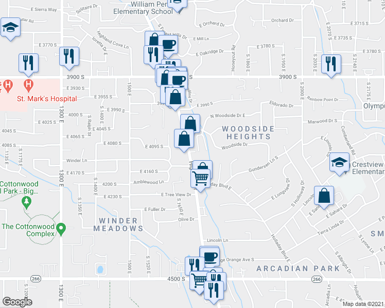 map of restaurants, bars, coffee shops, grocery stores, and more near 4141 Highland Drive in Holladay
