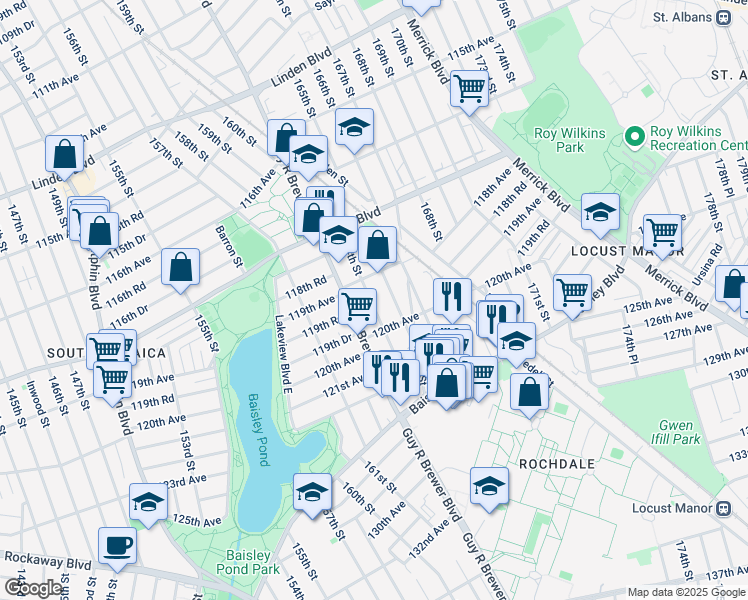 map of restaurants, bars, coffee shops, grocery stores, and more near 119-54 164th Street in Queens