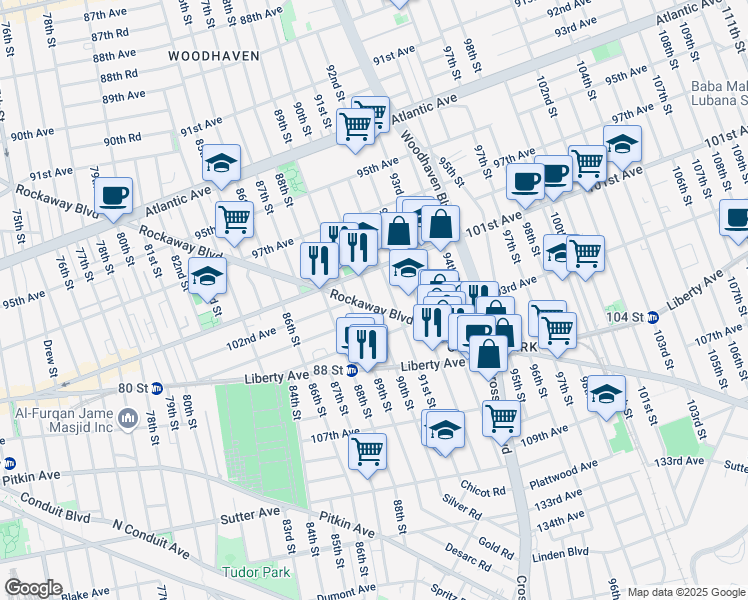 map of restaurants, bars, coffee shops, grocery stores, and more near 89-20 102nd Road in Queens