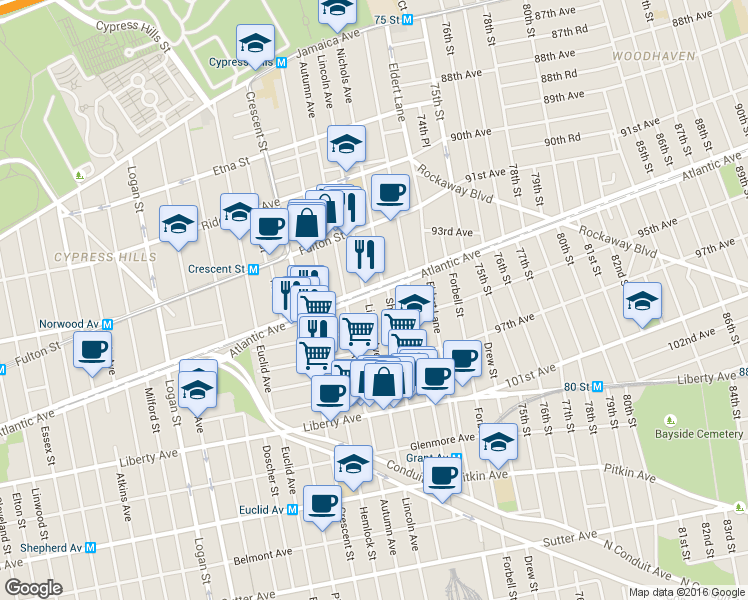 map of restaurants, bars, coffee shops, grocery stores, and more near 350 Lincoln Avenue in Brooklyn