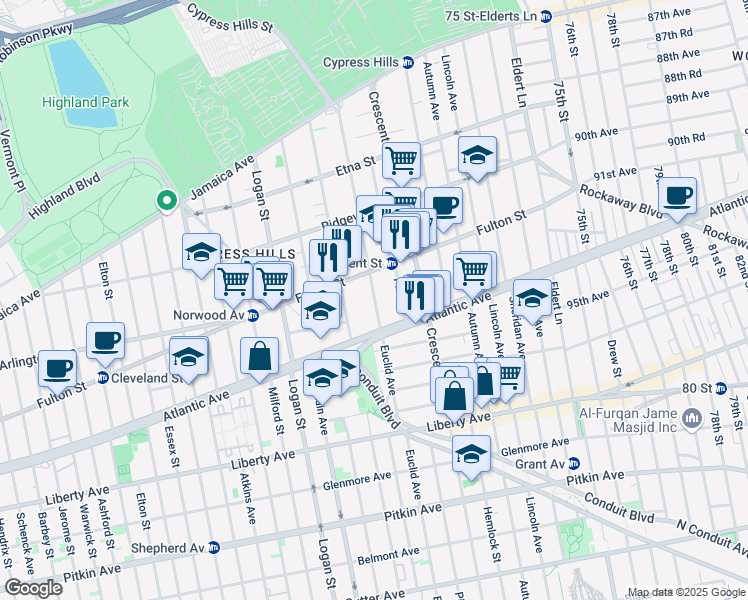 map of restaurants, bars, coffee shops, grocery stores, and more near 295 Euclid Avenue in Brooklyn