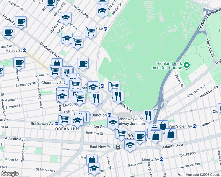map of restaurants, bars, coffee shops, grocery stores, and more near 1597 Bushwick Avenue in Brooklyn