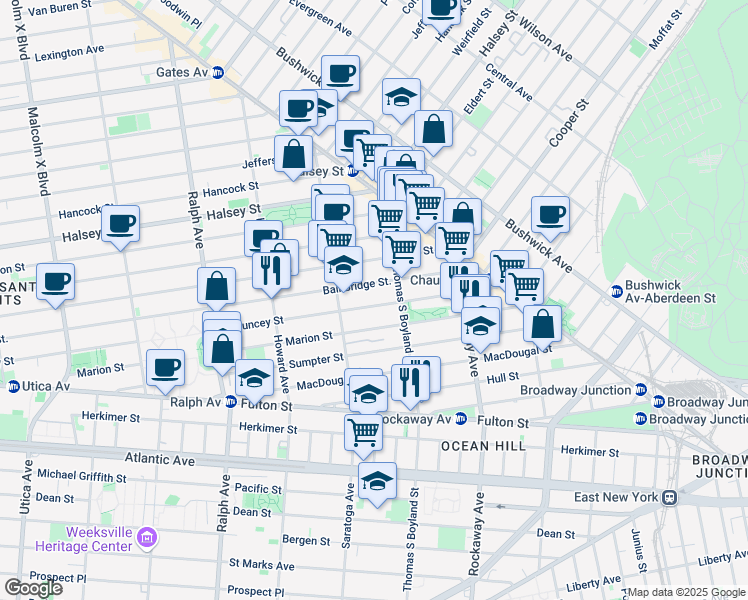 map of restaurants, bars, coffee shops, grocery stores, and more near 341 Marion Street in Brooklyn