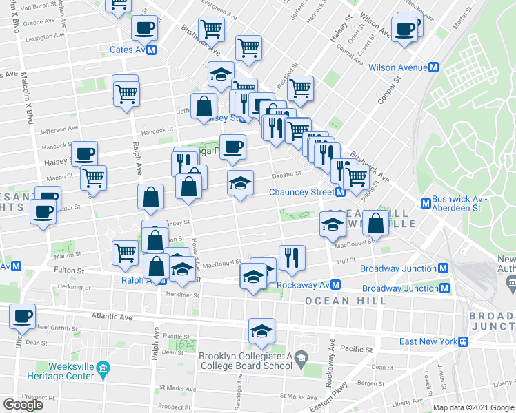 map of restaurants, bars, coffee shops, grocery stores, and more near 341 Marion Street in Brooklyn