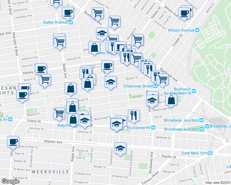 map of restaurants, bars, coffee shops, grocery stores, and more near 341 Marion Street in Brooklyn