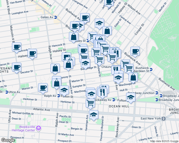 map of restaurants, bars, coffee shops, grocery stores, and more near 341 Marion Street in Brooklyn