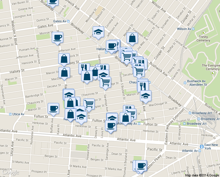 map of restaurants, bars, coffee shops, grocery stores, and more near 341 Marion Street in Brooklyn