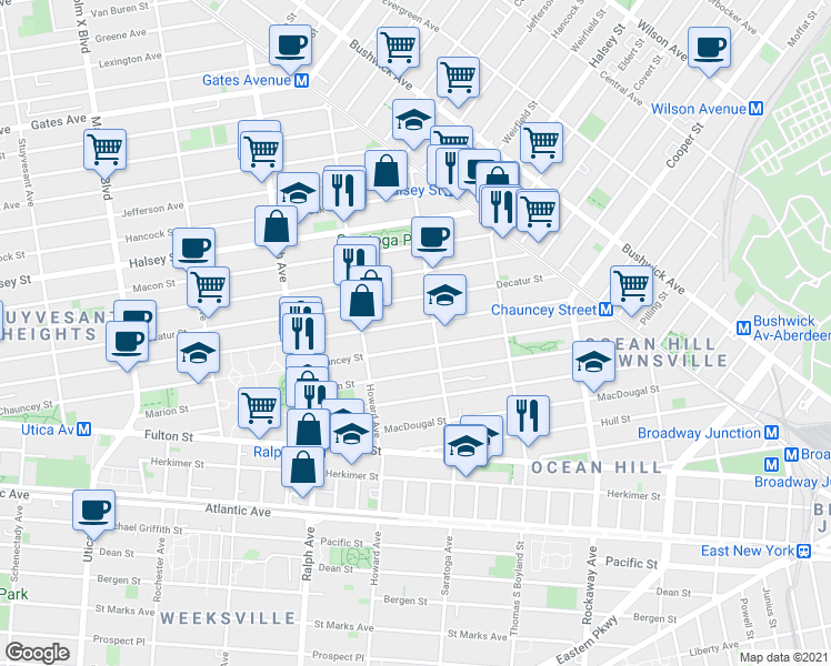 map of restaurants, bars, coffee shops, grocery stores, and more near 346A Chauncey Street in Brooklyn
