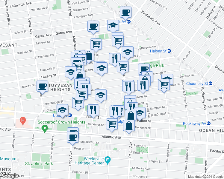 map of restaurants, bars, coffee shops, grocery stores, and more near 324 Bainbridge Street in Brooklyn