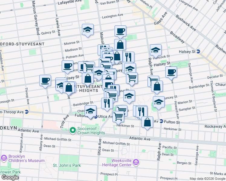 map of restaurants, bars, coffee shops, grocery stores, and more near 332 Malcolm X Boulevard in Brooklyn