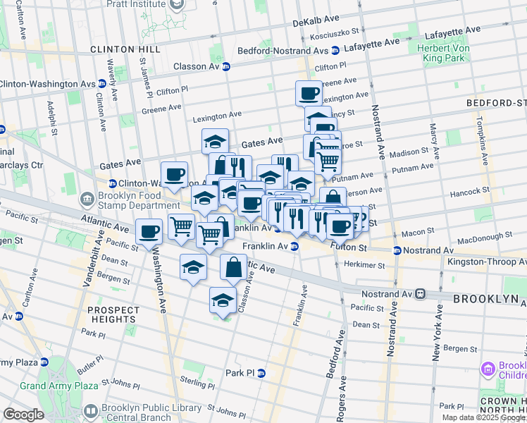 map of restaurants, bars, coffee shops, grocery stores, and more near 1066 Fulton Street in Brooklyn