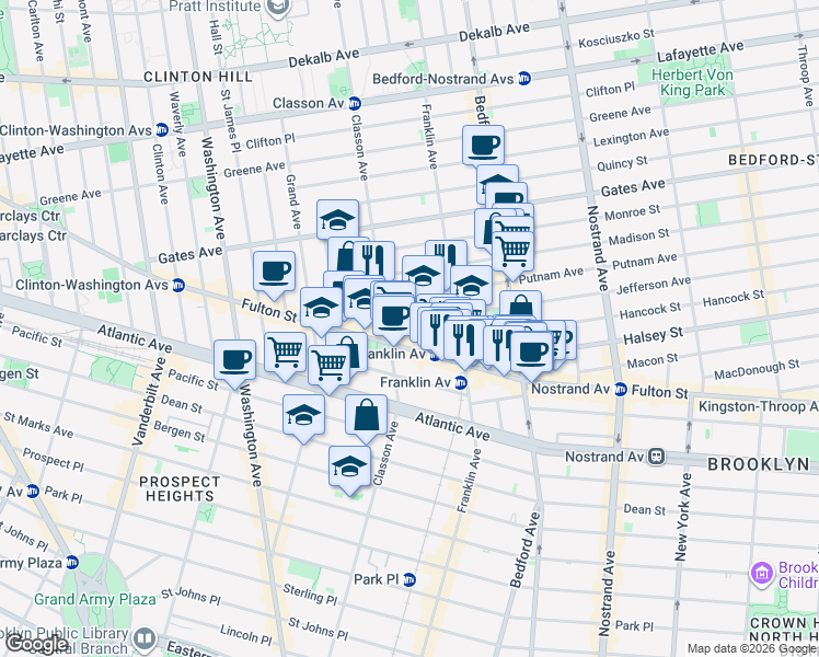 map of restaurants, bars, coffee shops, grocery stores, and more near 1066 Fulton Street in Brooklyn