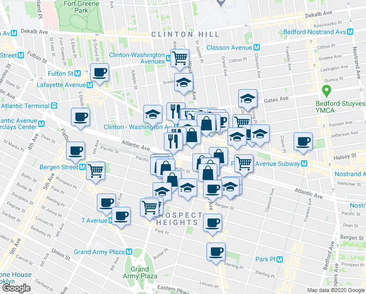 map of restaurants, bars, coffee shops, grocery stores, and more near 856 Atlantic Avenue in Brooklyn