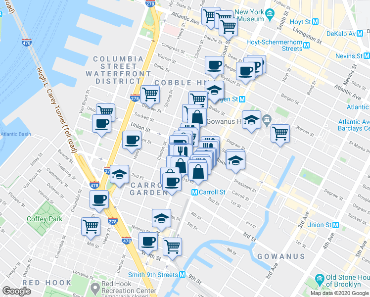 map of restaurants, bars, coffee shops, grocery stores, and more near 374 Court Street in Brooklyn