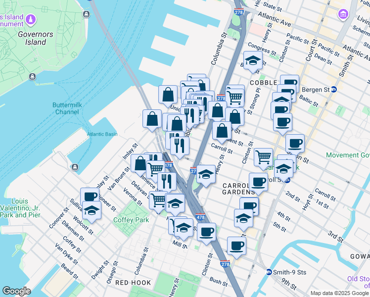 map of restaurants, bars, coffee shops, grocery stores, and more near 8 Woodhull Street in Brooklyn