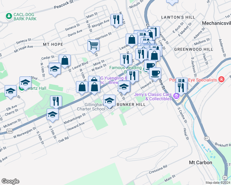 map of restaurants, bars, coffee shops, grocery stores, and more near 801 Mahantongo Street in Pottsville