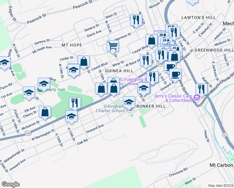 map of restaurants, bars, coffee shops, grocery stores, and more near 1016 West Norwegian Street in Pottsville