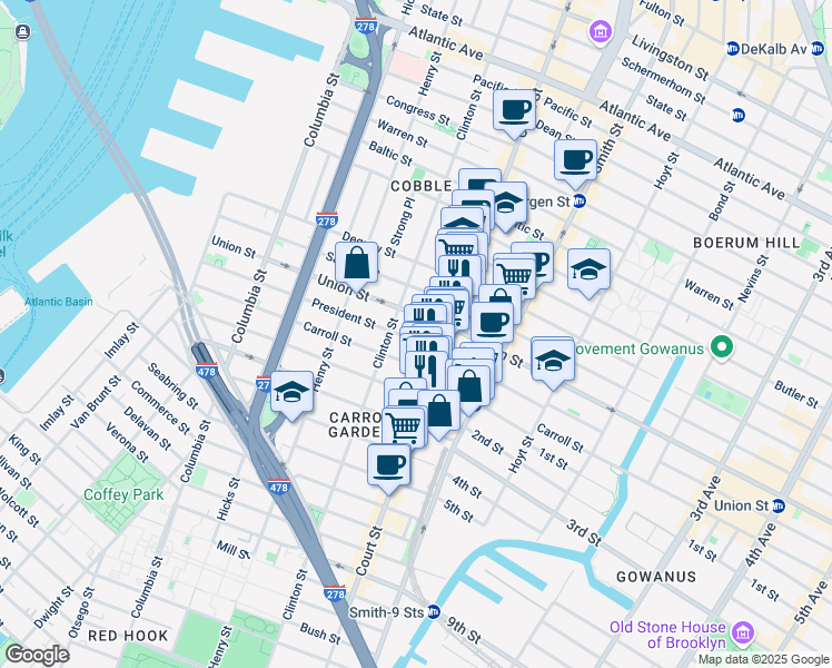 map of restaurants, bars, coffee shops, grocery stores, and more near 241 President Street in Brooklyn