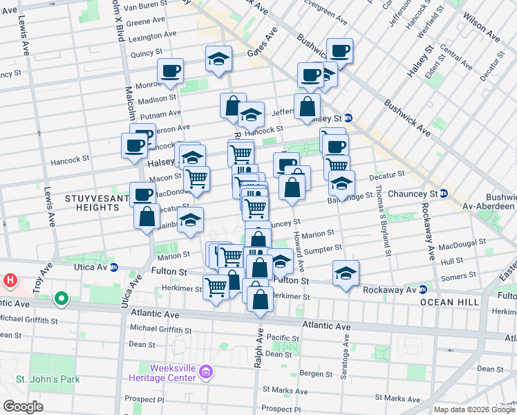 map of restaurants, bars, coffee shops, grocery stores, and more near 323 Chauncey Street in Brooklyn