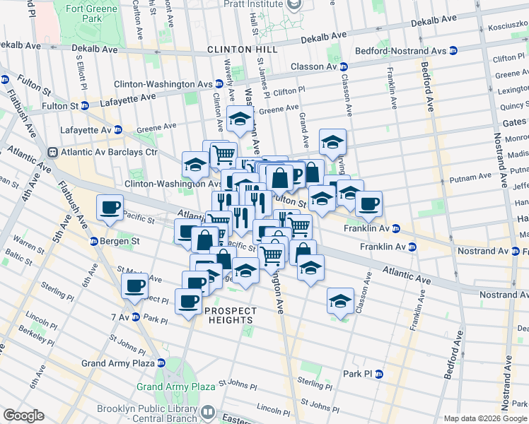 map of restaurants, bars, coffee shops, grocery stores, and more near 558 Washington Avenue in Brooklyn