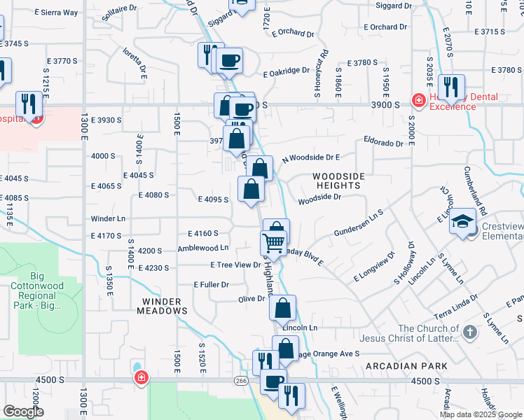 map of restaurants, bars, coffee shops, grocery stores, and more near 4141 Highland Drive in Holladay