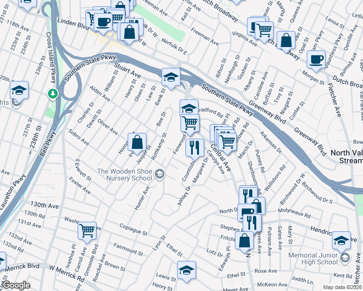 map of restaurants, bars, coffee shops, grocery stores, and more near 985 Fenwood Drive in Valley Stream
