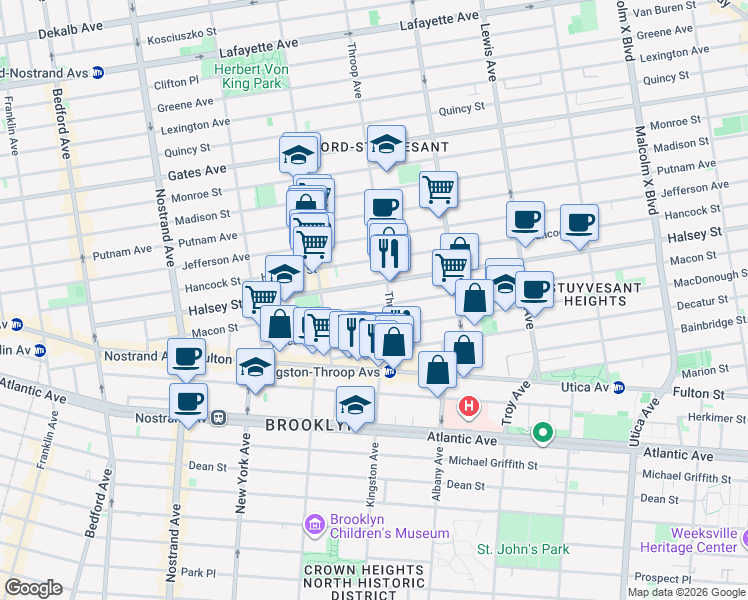 map of restaurants, bars, coffee shops, grocery stores, and more near 251 Macon Street in Brooklyn