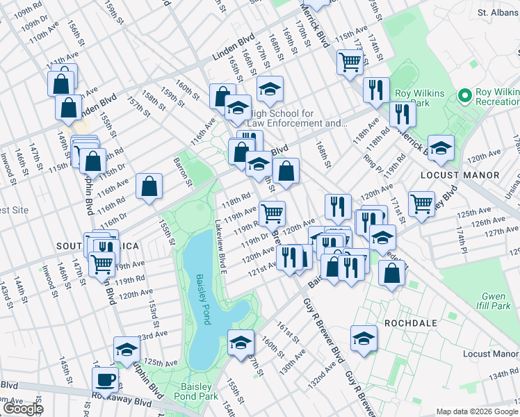 map of restaurants, bars, coffee shops, grocery stores, and more near 161-32 119th Road in Queens