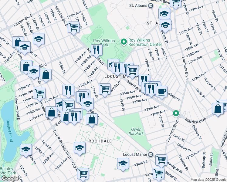 map of restaurants, bars, coffee shops, grocery stores, and more near 172-18 125th Avenue in Queens