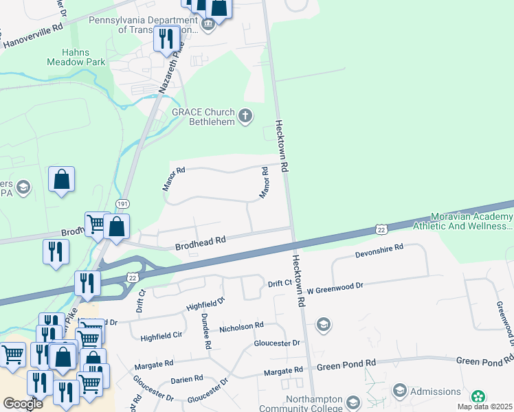 map of restaurants, bars, coffee shops, grocery stores, and more near 3510 Manor Road in Bethlehem
