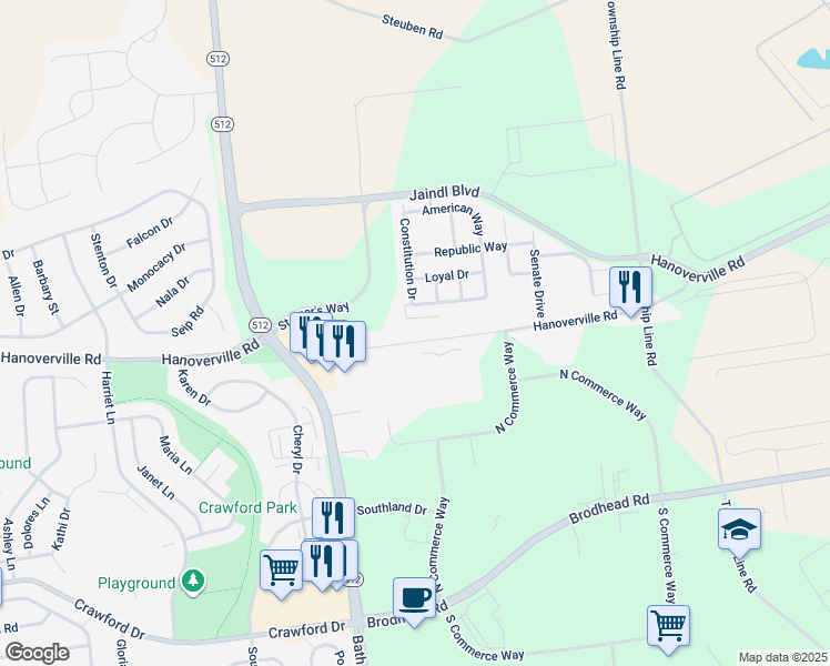 map of restaurants, bars, coffee shops, grocery stores, and more near 5300 Hanoverville Road in Bethlehem