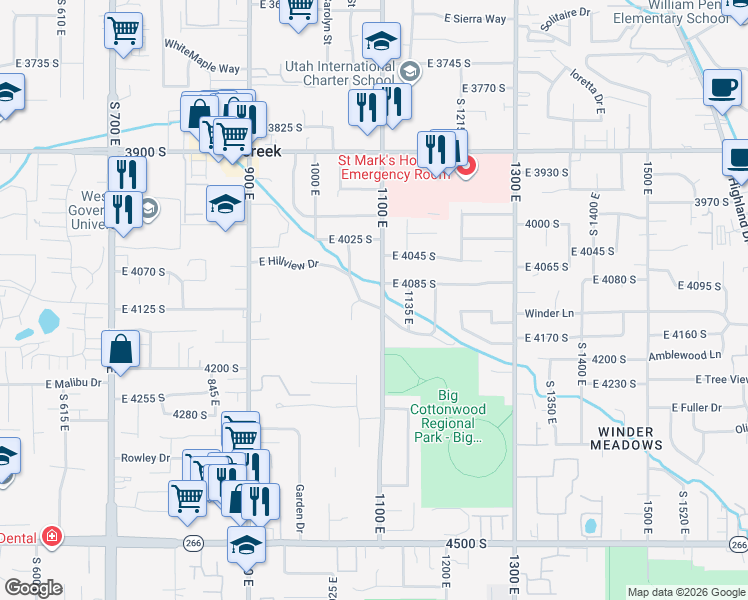 map of restaurants, bars, coffee shops, grocery stores, and more near 1145 East Hillview Drive in Millcreek