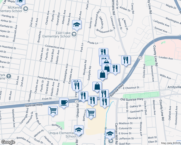 map of restaurants, bars, coffee shops, grocery stores, and more near 73 Eastgate Road in Massapequa Park