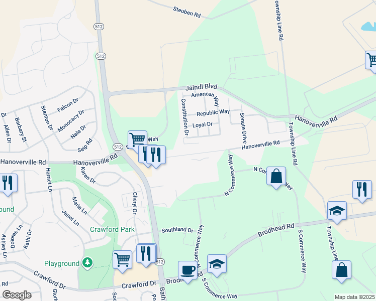 map of restaurants, bars, coffee shops, grocery stores, and more near 5300 Hanoverville Road in Bethlehem