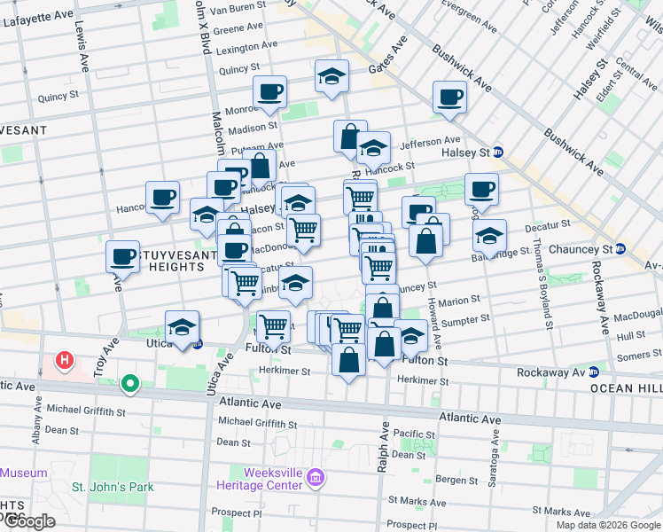 map of restaurants, bars, coffee shops, grocery stores, and more near 324 Bainbridge Street in Brooklyn