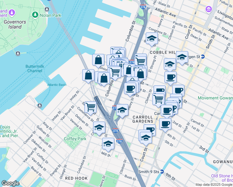 map of restaurants, bars, coffee shops, grocery stores, and more near 103 Summit Street in Brooklyn