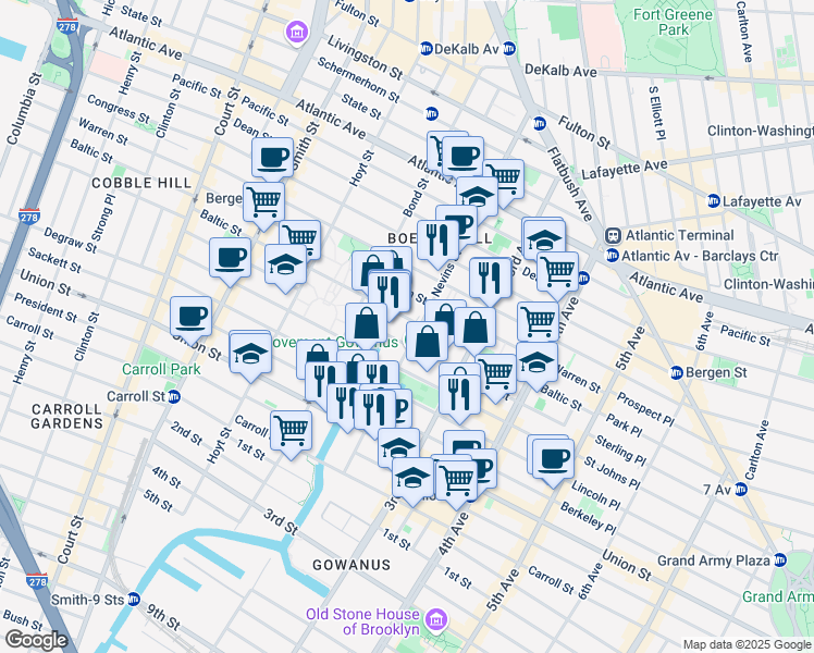 map of restaurants, bars, coffee shops, grocery stores, and more near 232 Nevins Street in Brooklyn