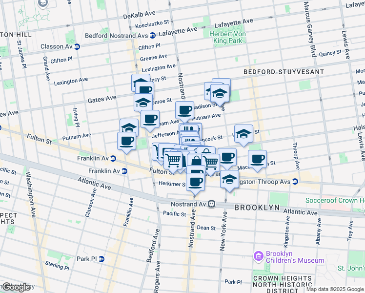 map of restaurants, bars, coffee shops, grocery stores, and more near 492 Nostrand Avenue in Brooklyn