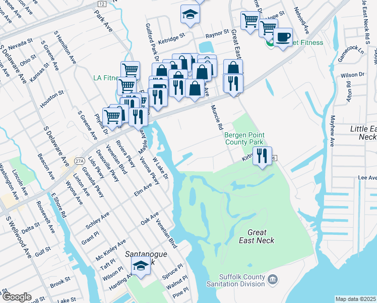 map of restaurants, bars, coffee shops, grocery stores, and more near 298 Captains Drive in West Babylon