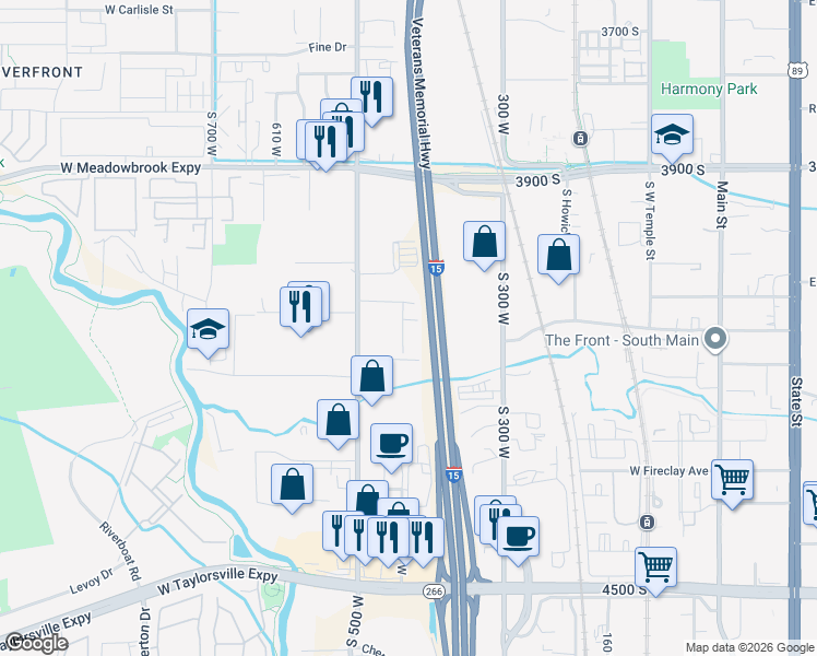 map of restaurants, bars, coffee shops, grocery stores, and more near Veterans Memorial Highway in Murray