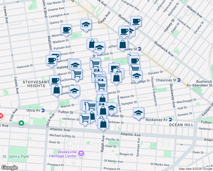 map of restaurants, bars, coffee shops, grocery stores, and more near 383 Bainbridge Street in Brooklyn