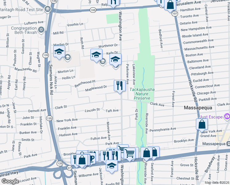 map of restaurants, bars, coffee shops, grocery stores, and more near 3969 Maplewood Drive in Seaford