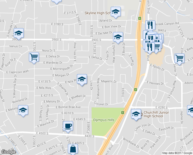 map of restaurants, bars, coffee shops, grocery stores, and more near 4090 South Monarch Way in Salt Lake City