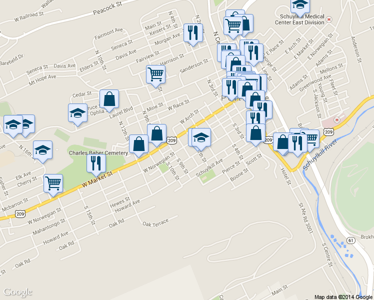 map of restaurants, bars, coffee shops, grocery stores, and more near 10 South 8th Street in Pottsville