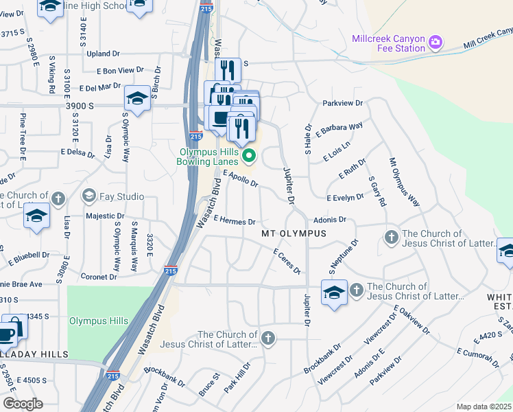 map of restaurants, bars, coffee shops, grocery stores, and more near 4108 South Mars Way in Salt Lake City