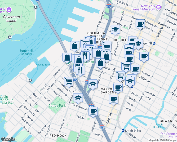 map of restaurants, bars, coffee shops, grocery stores, and more near 101 Summit Street in Brooklyn